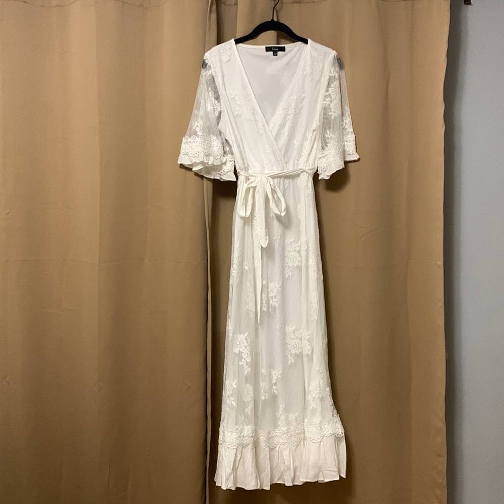 White bell sleeve lace dress from Lulus